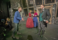 (front, from left) The director (Shane Kenyon) gives notes to Ben (Kyle Gibson) while (back, from left) assistant stage manager Jamie (Erin Long) places glow tape and actors Eva and Siget (Christine Vrem-Ydstie and Eunice Woods) chit chat in Theater Wit’s Midwest premiere of Anne Washburn’s 10 Out of 12. Jeremy Wechsler directs Washburn’s nearly perfect recreation of a theater technical rehearsal, for a funny and touching workplace comedy about the complexity and beauty of collective human endeavor. 10 Out of 12 runs March 3-April 23, 2017 at Theater Wit, 1229 N. Belmont Ave., Chicago. Tickets: TheaterWit.org or call 773.975.8150