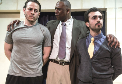 Bassam Abdelfattah, Bradford Stevens and Salar Ardebili in Broken Nose Theatre’s Midwest premiere of LANGUAGE ROOMS.