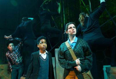 (from left) Glenn Obrero, Trent Davis and Jamie Cahill star as space age travelers in Lifeline Theatre's A Wrinkle in Time