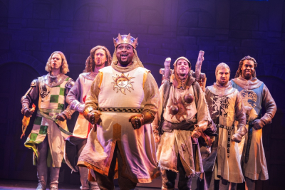 (L-R) Sean Bell, Leo Roberts, Major Attaway, Blake Segal, Chris Collins-Pisano, and Ellis C. Dawson III in the North American Tour of SPAMALOT.