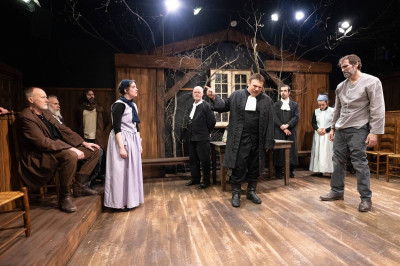 L-R: Frank Nall (Giles Corey), Orlon Silvertree (Francis Nurse), Jay Donley (George Herrick), Michaela Voit (Abigail Williams), Zach Bloomfield (Judge Hathorne), James Turano (Deputy Governor Danforth), Charlie Diaz (Reverend Hale), Ellie Duffey (Mary Warren), Mark Pracht (John Proctor).