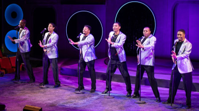 Jared Brown, Trequon Tate, Isaiah Engram, Jaitee, Ben Izlar Jr, Isaac Ray in Black Ensemble Theatre's 'The Time Machine: A Tribute To The 80’s'