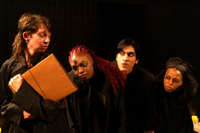 Dinah Berkeley (left), Y'vonne Rose Smith, Shail Modi, and Lydia Moss in “A Devil Comes To Town" running through December 6, 2025 at Trap Door Theatre in Chicago.