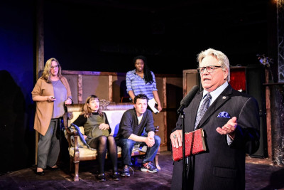 (left to right) Barbara Figgins, Cassidy Slaughter-Mason, Evan Linder, Echaka Agba and Norm Woodel in The New Colony’s world premiere SCAPEGOAT; OR (WHY THE DEVIL ALWAYS LOVED US) by Connor McNamara, directed by Kristina Valada-Viars.