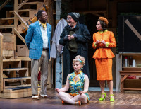 (front) Amanda Fink with (back, l to r) ensemble members James Vincent Meredith, Francis Guinan and Audrey Francis in Steppenwolf Theatre’s revival of Noises Off.