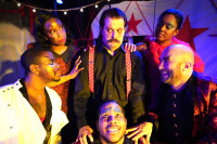 From left: Keith Surney, Venice Averyheart, Dennis Bisto, Matty Robinson, Natara Easter, Carl Wisniewski at Trap Door Theatre The Martyrdom of Peter Ohey.