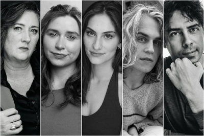 Pictured: The cast of A Red Orchid Theatre's Chicago premiere of Heroes of the Fourth Turning includes (left to right) Ensemble Member Kirsten Fitzgerald with Magdalena Dalzell, Isa Grofsorean, Beck Nolan and Nate Santana.