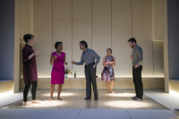 Kate Fry (from left), Celeste M. Cooper, Owais Ahmed, Emjoy Gavino and Jurgen Hooper in the Court Theatre production of Tom Stoppard's “The Hard Problem.