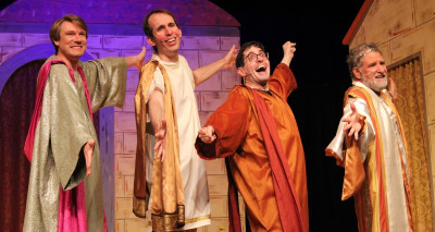 (left to right) Daniel Leahy, Andrew Buel, Ed Rutherford and Mark Anderson in MadKap's 'A Funny Thing Happened on the Way to the Forum' at Skokie Theatre.