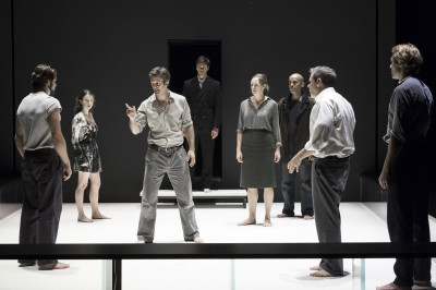 Alex Esola (from left), Catherine Combs, Frederick Weller, Danny Binstock, Andrus Nichols, Howard W. Overshown, Thomas Jay Ryan and Dave Register in the Young Vic production of "A View From the Bridge."