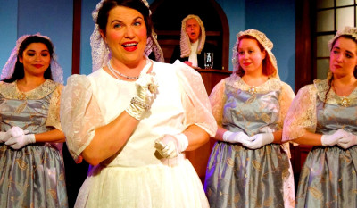 Sarah Beth Tanner as The Plaintiff and her bridesmaids in Gilbert &amp; Sullivan's Trial by Jury, part of a double bill with the Devil &amp; Daniel Webster in Two Days in Court.