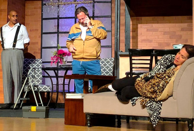 Julie Stevens as Marjorie, Peter Leonidas as Dr. Ira Taub, and Ravi Kalani as Mohammed in "The Tale of the Allergist's Wife" at Skokie Theatre through November 19.