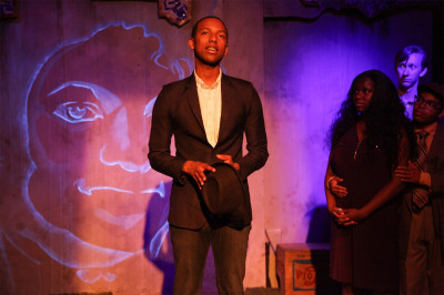 (left to right) Chris Taylor, JoJo Pender, Samuel Martin and Eldridge Shannon III in Flying Elephant Productions’ Chicago premiere of DEFACING MICHAEL JACKSON by Aurin Squire, directed by Alexis J. Roston.