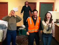 Audrey Busbee {from left) as Antonia, Caleb Petre as Giovanni, Jason Pavlovich as Luigi, and Ellie Thompson as Margherita in Dario Fo’s “Can’t Pay? Won’t Pay!” at the Greenhouse Theatre Center through December 17.