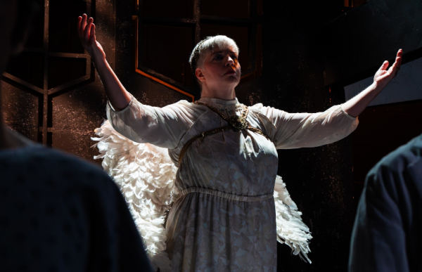 Mary Ann Bowman as Nyla-Jean Geisy playing the Angel in "Southern Rapture." The satire about a 1996 production of "Angels in America" in Charlotte, NC runs through June 28, 2026 at Theater Wit in Chicago.