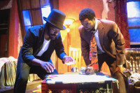 Mikha’el Amin as Lincoln and DeMorris Burrows as Booth in Invictus Theatre's "Topdog/Underdog" at the WIndy City Playhouse through March 31, 2024.