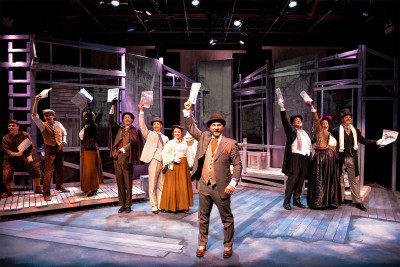 (front center) Pavi Proczko with (back, l tor) Jacob Fjare, Chase Wheaton-Werle, Arielle Leverett, Daniel Leahy, Sam Massey, Laura Degrenia, Michael Kingston, Genevieve Thiers and Rob Brady in Lost and Found Productions’ world premiere musical ‘Burnham’s Dream: The White City’