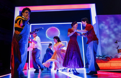(L - R) Lenin Izquierdo, Kelvin Grullon, Rossmery Almonte, Julissa Calderon, Yohanna Florentino, Arik Vega in The Brief Wondrous Life of Oscar Wao at Goodman Theatre..