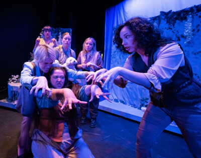 (L to R) Izis Mollinedo (they/she, Lysander), Cat Evans (any, Hermia), Kim Fukawa (she/her, Demetrius) and Patty Roache (they/them, Helena) in A MIDSUMMER NIGHT’S DREAM from Babes With Blades Theatre Company, now playing through November 23 at The Edge Theater.
