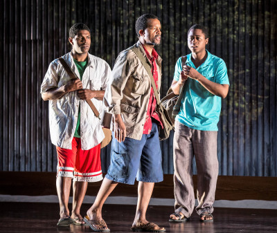 Breon Arzell (Zaza Workolo), Allen Gilmore (John Workolo) and Daniel Kyri (Shedrick Yarkpai) in the world premiere of Charles Smith’s Objects in the Mirror, directed by Chuck Smith at Goodman Theatre