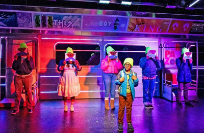 Ian Thigpen (front) plays Milo in Milo Imagines the World, Chicago Children's Theatre's world premiere musical based on the contemporary children’s book by Matt de la Pena, illustrated by Christian Robinson. The cast includes (from left) Brianna Buckley, De’Jah Perkins, Livia Robin, Juwon Tyrel Perry and Jake Ziman.