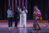 Pictured (left to right) Ensemble members Celeste M. Cooper, Sandra Marquez, Karen Rodriguez and Caroline Neff in Steppenwolf Theatre Company's Chicago premiere of POTUS: Or, Behind Every Great Dumbass Are Seven Women Trying to Keep Him Alive.