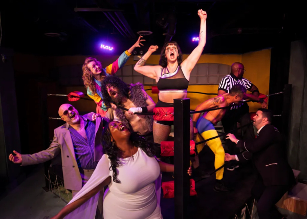 William Hardin, Holly Cerney, Brittany Ellis and Erick Fredricksn in Two Out of Three Falls at Factory Theatre.